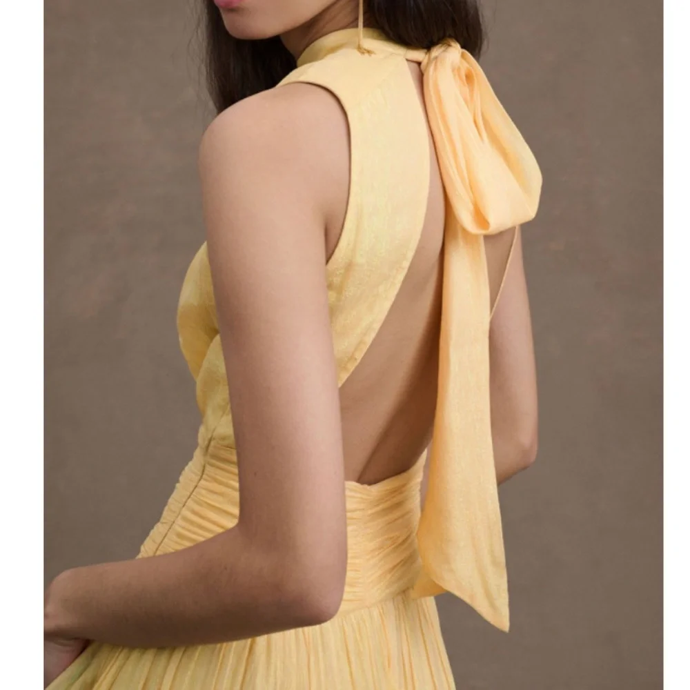 BHLDN Juniper Metallic Tiered Gown Light Yellow | Sz 6 - Picture 3 of 4